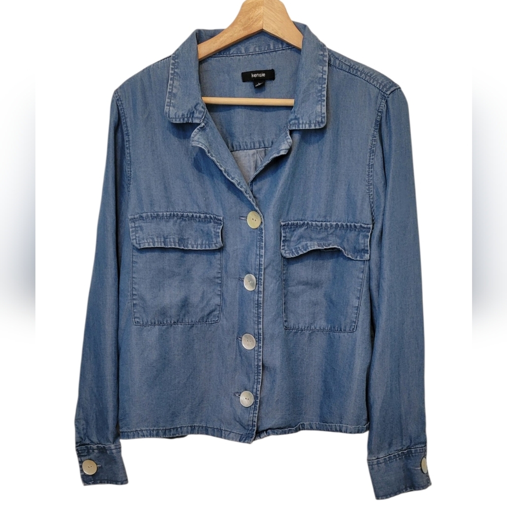 Kensie Long Sleeve Button Down Chambray Blouse Size Large Western Country